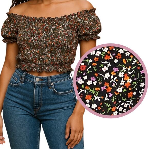 Ditsy Floral Poplin Scrunch Top Womens Sm Whimsigoth Fairy Dark Coquette Cottage - Picture 1 of 8